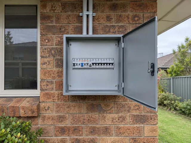 Exterior electrical switchboard in a grey metal enclosure on a brick house wall in Tumbi Umbi